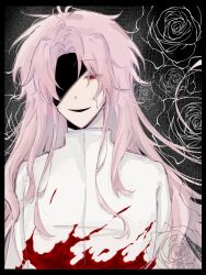 Rule 34 | 1boy, black border, blood, blood on clothes, border, eyes visible through hair, flower, hatsutori hajime, highres, long hair, long sleeves, looking at viewer, male focus, open mouth, parted bangs, partially shaded face, pink hair, red eyes, rose, saibou shinkyoku, shirt, smile, solo, upper body, white shirt, yaowan