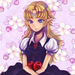 Rule 34 | 1girl, apple, avallone, bad id, bad pixiv id, blonde hair, blue eyes, circlet, dress, food, fruit, long hair, lowres, nintendo, pointy ears, princess zelda, snow white, snow white (grimm), snow white and the seven dwarfs, solo, the legend of zelda, the legend of zelda: a link to the past