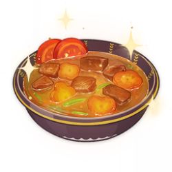 Rule 34 | artist request, bowl, carrot, commentary, english commentary, food, food focus, game cg, genshin impact, lowres, meat, no humans, official art, simple background, sparkle, stew, still life, third-party source, tomato, transparent background