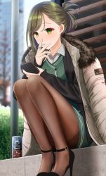 Rule 34 | 1girl, ankle strap, black pantyhose, brown hair, brown pantyhose, can, canned coffee, cellphone, cigarette, coat, drink can, folded ponytail, green eyes, high heels, highres, idolmaster, idolmaster shiny colors, mouth hold, nanakusa hazuki, outdoors, pantyhose, pencil skirt, phone, sitting, skirt, smoking, solo, strappy heels, thighs, turisasu
