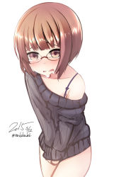 Rule 34 | 10s, 1girl, bad id, bad pixiv id, blush, brown eyes, brown hair, crying, crying with eyes open, embarrassed, glasses, highres, kantai collection, nekobaka, off shoulder, ribbed sweater, short hair, simple background, solo, sweater, tears, white background, z3 max schultz (kancolle)