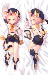 Rule 34 | + +, 1girl, :3, animal ear fluff, animal ears, arm up, ass, bare shoulders, bed sheet, belt, black footwear, black headwear, black shorts, boots, bottle, breasts, cat ears, cat girl, cat tail, child, clenched hands, crunchobar, dakimakura (medium), detached sleeves, diona (genshin impact), female focus, forehead, from above, genshin impact, gloves, green eyes, hair flaps, hair intakes, hair tie, hand up, happy, hat, kneepits, long sleeves, looking at viewer, lying, multiple views, navel, on back, on stomach, paw pose, pink hair, pink sleeves, pink vest, ribbon, sheet grab, short hair, short shorts, shorts, sidelocks, sideways mouth, skindentation, small breasts, smile, tail, tail ornament, tail raised, tail ribbon, topknot, vest, white background, white gloves, yellow ribbon