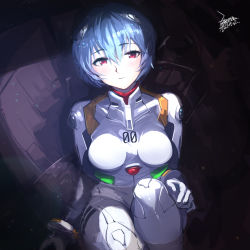 Rule 34 | 1girl, artist name, ayanami rei, blue hair, blush, bodysuit, breasts, breasts apart, chinese commentary, closed mouth, commentary request, dated, ejami, gloves, headgear, lcl, light particles, medium breasts, neon genesis evangelion, partially submerged, plugsuit, red eyes, short hair, signature, sitting, skin tight, smile, solo, water, white bodysuit, white gloves