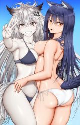 Rule 34 | 2girls, :d, animal ear fluff, animal ears, arknights, arm up, ass, asymmetrical docking, back, bikini, black bikini, blue background, blush, breast press, breasts, collarbone, cowboy shot, earrings, food, food in mouth, gradient background, grin, hair ornament, hairclip, halterneck, hamaguri (hamaguri1234), highres, jewelry, lappland (arknights), long hair, looking at viewer, looking back, medium breasts, messy hair, mouth hold, multiple girls, navel, open mouth, outstretched arm, pale skin, pocky, ribbon, scar, scar across eye, scar on face, side-tie bikini bottom, sideboob, smile, strap gap, string bikini, swimsuit, tail, teeth, texas (arknights), v, very long hair, white bikini, white ribbon, wolf ears, wolf girl, wolf tail