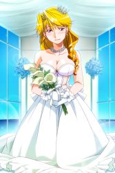 Rule 34 | 1girl, bead necklace, beads, blonde hair, blue eyes, blush, breasts, christine garland, cleavage, dress, earrings, facing viewer, flower, gloves, holding, holding flower, jewelry, kneeling, large breasts, long hair, looking at viewer, necklace, non-web source, official art, photoshop (medium), solo, super real mahjong, wedding dress, white dress, white gloves, window
