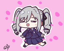 Rule 34 | 1girl, = =, absurdres, blazer, buttons, chibi, chibi only, collared shirt, double-breasted, drill hair, grey hair, hashtag-only commentary, highres, idolmaster, idolmaster cinderella girls, idolmaster cinderella girls starlight stage, jacket, kanzaki ranko, long hair, long sleeves, oofushi ao, open mouth, outline, outstretched arms, pink background, pleated skirt, purple jacket, purple skirt, school uniform, shirt, sidelocks, signature, skirt, smile, solo, twin drills, twintails, walking, white outline, white shirt