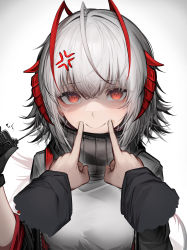 Rule 34 | 1girl, absurdres, ahoge, anger vein, arknights, black scarf, closed mouth, demon horns, detonator, gradient background, grey background, highres, holding, horns, long hair, looking at viewer, red eyes, red horns, scarf, smile, solo focus, tab head, upper body, w (arknights), white hair