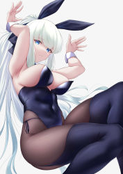 Rule 34 | 1girl, absurdres, animal ears, black bow, black leotard, black pantyhose, blue eyes, bow, braid, breasts, covered navel, detached collar, fake animal ears, fake tail, fate/grand order, fate (series), french braid, hair bow, highleg, highleg leotard, highres, large breasts, leotard, long hair, morgan le fay (fate), okuma707, pantyhose, platinum blonde hair, playboy bunny, ponytail, rabbit ears, rabbit pose, rabbit tail, side-tie leotard, solo, strapless, strapless leotard, tail, very long hair, wrist cuffs