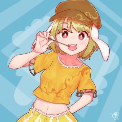 Rule 34 | 1girl, animal ears, arm behind back, blonde hair, blue background, breasts, bright pupils, brown hat, cabbie hat, collarbone, dutch angle, eating, hand up, hat, highres, holding, holding stick, looking at viewer, midriff, navel, open mouth, rabbit ears, red eyes, ringo (touhou), shirt, short hair, short sleeves, shorts, signature, skewer, small breasts, smile, solo, stick, striped, swept bangs, teeth, touhou, upper body, upper teeth only, vertical stripes, white pupils, yellow shirt, yellow shorts, zanasta0810