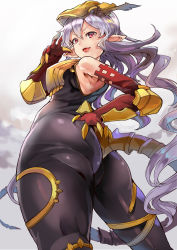 Rule 34 | 10s, 1girl, ass, bare shoulders, bodysuit, claws, granblue fantasy, highres, himuro shunsuke, long hair, looking at viewer, looking back, looking down, medusa (shingeki no bahamut), pink hair, pointy ears, revision, skin tight, solo, tail, thighs, very long hair