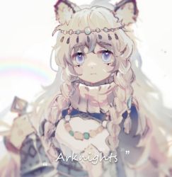 Rule 34 | 1girl, animal ear fluff, animal ears, arknights, bell, blue eyes, braid, closed mouth, coat, expressionless, holding, jewelry, leopard ears, long hair, looking at viewer, necklace, pramanix (arknights), rainbow, sidelocks, silver hair, solo, yizhi yishi