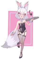 Rule 34 | 1girl, :&lt;, absurdres, alcohol, alternate costume, animal ears, black footwear, black leotard, cup, detached collar, drinking glass, fake animal ears, fishnet thighhighs, fishnets, flat chest, fox ears, fox girl, fox tail, full body, garter straps, gluteal fold, grey hair, hair ornament, head tilt, high heels, highres, holding, holding tray, kiirokuma, leotard, looking at viewer, nail polish, necktie, open mouth, phase connect, pink nails, purple eyes, rabbit ears, rabbit hair ornament, short hair, short necktie, solo, standing, standing on one leg, tail, tenma maemi, thigh gap, thighhighs, tray, virtual youtuber, white necktie, wine, wine glass, wrist cuffs