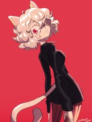 Rule 34 | 1girl, absurdres, animal ears, breasts, cat ears, cat tail, colo (nagrolaz), cowboy shot, from behind, highres, hunter x hunter, long sleeves, neferpitou, parted lips, red background, red eyes, short hair, simple background, smile, solo, standing, tail, white hair