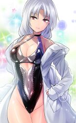 Rule 34 | 1girl, braid, breasts, cleavage, closed mouth, coat, collarbone, covered navel, grey hair, groin, highres, lab coat, large breasts, long hair, open clothes, open coat, red eyes, single braid, sleeves past wrists, smile, solo, touhou, very long hair, white coat, y2, yagokoro eirin