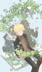 Rule 34 | 3boys, ardidillast, atou haruki, black jacket, black pants, blonde hair, blue jacket, brown hair, brown sweater, chain-link fence, chinese commentary, closed eyes, closed mouth, commentary request, fence, food, fruit, fur-trimmed jacket, fur trim, grapes, gun, harada minoru, highres, holding, holding gun, holding stuffed toy, holding weapon, isoi reiji, jacket, long sleeves, male focus, multiple boys, open clothes, open jacket, pants, ribbed sweater, saibou shinkyoku, short hair, sitting, stuffed animal, stuffed toy, sweater, turtleneck, turtleneck sweater, weapon