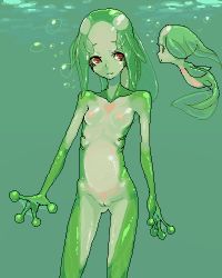 Rule 34 | 2girls, bad id, bad pixiv id, breasts, colored skin, frog, frog girl, furry, gills, green hair, green skin, lowres, monster girl, multiple girls, nipples, nude, oekaki, pussy, red eyes, skinny, small breasts, small nipples, uncensored, underwater, z-ton