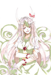 Rule 34 | 1girl, bracelet, breasts, dress, ex-keine, female focus, green hair, highres, horn ornament, horn ribbon, horns, jewelry, kamishirasawa keine, long hair, marker (medium), mtmy, multicolored hair, red eyes, ribbon, silver hair, solo, touhou, traditional media, two-tone hair, white background