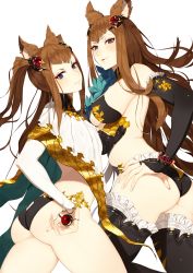 Rule 34 | 10s, 2girls, animal ears, ass, ass cutout, bad id, bad pixiv id, bare shoulders, black legwear, black panties, blue eyes, boots, bracelet, breasts, bridal gauntlets, brown hair, cloak, closed mouth, clothing cutout, cowboy shot, crop top, detached collar, detached sleeves, dual persona, erune, fingernails, frilled panties, frills, from side, granblue fantasy, hair ornament, hand on own hip, head tilt, highres, hikaru kirara, jewelry, large breasts, leotard, long fingernails, long hair, looking at viewer, metera (granblue fantasy), mole, mole under mouth, multiple girls, panties, shade, sideboob, sidelocks, simple background, smile, smirk, strapless, thigh boots, thighhighs, twintails, underwear, white background