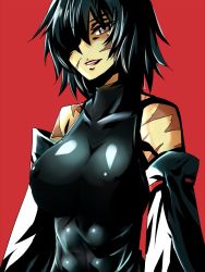 Rule 34 | 1girl, abs, bare shoulders, black hair, breasts, brown eyes, detached sleeves, hair over one eye, large breasts, leotard, m.u.g.e.n, muscular, muscular female, original, red background, samuimu, scar, sendai hakurei no miko, shiny clothes, short hair, sketch, skin tight, solo, touhou
