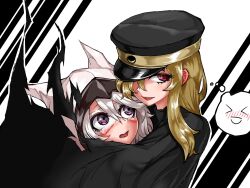 Rule 34 | 2girls, :d, aygoftenover, black background, black cape, black headwear, blonde hair, blush, cape, glasses, grey hair, highres, hood, hood up, hug, koishikawa iko, long hair, looking at another, multiple girls, open mouth, shy (character), shy (series), smile, thought bubble, white background