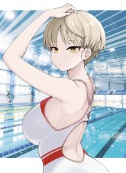 Rule 34 | 1girl, arms up, blonde hair, blue archive, breasts, closed mouth, commentary, competition swimsuit, hand on own head, highres, jorin, large breasts, looking at viewer, marina (blue archive), one-piece swimsuit, outside border, photo background, pool, short hair, solo, swimsuit, symbol-only commentary, white one-piece swimsuit, yellow eyes