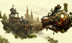 Rule 34 | ai-generated, aircraft, airship, architecture, chinese commentary, city, city lights, commentary request, doublecats, fantasy, flying, lights, no humans, original, outdoors, retro artstyle, scenery, science fiction, steam, steampunk, tower, tree, vehicle focus