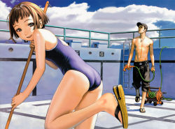 Rule 34 | 00s, 1boy, 1girl, absurdres, ass, bare shoulders, baseball cap, belt, black eyes, bob cut, breasts, brown hair, cleaning, cloud, couple, day, empty pool, feet, hat, hetero, highres, hose, jewelry, last exile, lavie head, mop, mullin shetland, murata range, necklace, one-piece swimsuit, original, outdoors, pool, pool ladder, sandals, school swimsuit, topless male, short hair, sky, small breasts, smile, swimsuit