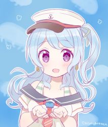 Rule 34 | 1girl, :d, anchor symbol, aqua ribbon, bang dream!, blue background, blue hair, blush, bow, bowtie, bracelet, cupping hands, earrings, hair ribbon, hat, jellyfish, jewelry, long hair, looking at viewer, matsubara kanon, miyuara, one side up, open mouth, outline, own hands together, peaked cap, purple eyes, red bow, red bowtie, ribbon, sailor collar, short sleeves, smile, solo, twitter username, upper body