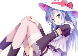 Rule 34 | 1girl, :d, blue hair, blush, bow, breasts, center frills, copyright request, detached sleeves, fingernails, frills, givuchoko, green eyes, hair between eyes, hand on own knee, hat, hat bow, hat ribbon, head tilt, heart, long hair, long sleeves, looking at viewer, medium breasts, open mouth, red bow, red ribbon, ribbon, shirt, short shorts, shorts, simple background, smile, solo, star (symbol), sun hat, thighhighs, very long hair, white background, white hat, white shirt, white shorts, white thighhighs, wide sleeves