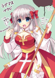 Rule 34 | 1girl, arch bishop (ragnarok online), blue eyes, blush, bow, breasts, cleavage, cleavage cutout, clothing cutout, commentary request, cowboy shot, cross, dress, fishnet thighhighs, fishnets, frilled thighhighs, frills, furukawa lemon, green background, grey hair, hair bow, holding, holding staff, large breasts, long hair, long sleeves, looking at viewer, open mouth, ragnarok masters, ragnarok online, red bow, red dress, sash, smile, solo, staff, thighhighs, translation request, two-tone dress, white dress, white thighhighs, yellow sash