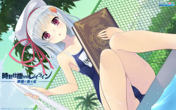 Rule 34 | 1girl, official art, red eyes, ribbon, rito (tokeijikake no ley line), school swimsuit, silver hair, swimsuit, tokeijikake no ley line, urabi (tomatohouse)