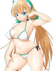 Rule 34 | 1girl, angela balzac, armpits, bare shoulders, bikini, blonde hair, blue eyes, border, breasts, closed mouth, contrapposto, cowboy shot, halterneck, hand up, headgear, highres, large breasts, long hair, looking at viewer, low twintails, navel, onsoku inu, rakuen tsuihou, side-tie bikini bottom, simple background, smile, solo, standing, swimsuit, thighs, twintails, very long hair, white background, white bikini, white border