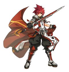 Rule 34 | 1boy, armor, black gloves, black pants, boots, cape, unworn cape, closed mouth, elsword, elsword (character), full body, gloves, hair between eyes, highres, holding, holding sword, holding weapon, knee boots, looking at viewer, lord knight (elsword), male focus, armored boots, official art, pants, pauldrons, red cape, red eyes, red hair, ress, serious, shoulder armor, solo, spiked hair, standing, surcoat, sword, transparent background, weapon