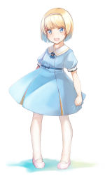 Rule 34 | 1girl, :d, blonde hair, blue dress, blue eyes, comah, dress, full body, hairband, open mouth, original, pantyhose, pink footwear, pleated dress, puffy short sleeves, puffy sleeves, sailor collar, sailor dress, shoes, short hair, short sleeves, skirt hold, smile, solo, standing, white background, white hairband, white pantyhose, white sailor collar