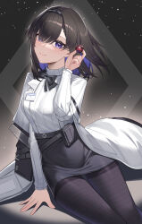Rule 34 | 1girl, absurdres, arknights, black bow, black bowtie, black hair, black hairband, black pantyhose, black skirt, bow, bowtie, breasts, chinese commentary, coat, colored inner hair, commentary request, covered navel, diamond-shaped pupils, diamond (shape), feet out of frame, hair between eyes, hairband, high-waist skirt, highres, holding dice, id card, large breasts, looking at viewer, multicolored hair, pantyhose, priestess (arknights), purple eyes, purple hair, ribbed shirt, shirt, short hair, sitting, skirt, smile, solo, symbol-shaped pupils, turtleneck, turtleneck shirt, white coat, white shirt, wuren