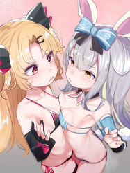 Rule 34 | 2girls, absurdres, akatsuki uni, animal ears, asymmetrical docking, bikini, black gloves, blonde hair, blush, bow, breast press, breasts, brown eyes, commentary request, cowboy shot, detached collar, detached sleeves, glove bow, gloves, gradient background, grey hair, hair bow, hair ornament, hairclip, highres, long hair, looking at another, micro bikini, mochizuki himari, multiple girls, parted bangs, parted lips, partially fingerless gloves, pom pom (clothes), rabbit ears, red eyes, side-tie bikini bottom, small breasts, sweat, swimsuit, uni create, utsusumi kio, virtual youtuber