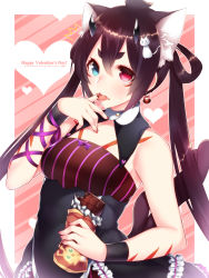Rule 34 | ^^^, absurdres, animal ears, arm ribbon, bare shoulders, black dress, black hair, blue eyes, blush, breasts, candy, cat ears, cat hair ornament, cat tail, chocolate, chocolate bar, dress, earrings, food, hair between eyes, hair ornament, heart, heart earrings, heterochromia, highres, holding, holding food, horns, jewelry, licking, licking finger, long hair, looking at viewer, medium breasts, multiple tails, original, phantasy star, phantasy star online 2, purple ribbon, red eyes, ribbon, solo, tail, tongue, tongue out, twintails, two tails, upper body, very long hair, wristband, yutazou