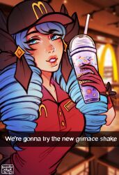 Rule 34 | 1girl, black bow, black headwear, blurry, blurry background, blush, bow, buttons, cup, disposable cup, drill hair, english text, glove bow, gloves, green eyes, green hair, grimace shake (meme), gwen (league of legends), hair bow, highres, holding, holding cup, indoors, league of legends, leaning forward, long hair, mcdonald&#039;s, meme, poposhirat, red gloves, red headwear, red shirt, shirt, smile, solo, swept bangs, twin drills, twintails, upper body