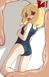 Rule 34 | 1girl, ahoge, black one-piece swimsuit, blonde hair, fang, finger frame, grey background, hair between eyes, hair ribbon, highres, kneeling, looking at viewer, looking back, mei mu, one-piece swimsuit, open mouth, red eyes, red ribbon, ribbon, rumia, smile, solo, swimsuit, touhou
