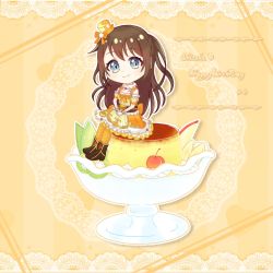 Rule 34 | 1girl, apple, aqua eyes, artist name, artist request, bare shoulders, black footwear, blue eyes, blush, boots, bow, bowtie, breasts, brown hair, cheer for you!! (love live!), chibi, collarbone, cup, dream land! dream world! (love live!), dress, earrings, female focus, food, frilled dress, frills, fruit, full body, fur collar, gloves, hair between eyes, hat, high heel boots, high heels, highres, jewelry, long hair, looking at viewer, love live!, love live! nijigasaki high school idol club, love live! school idol festival, mini hat, mini top hat, orange background, orange bow, orange legwear, orange skirt, osaka shizuku, own hands together, parted lips, ponytail, puffy short sleeves, puffy sleeves, short sleeves, sitting, sitting on food, skirt, smile, solo, strawberry, top hat, white gloves, yellow dress, yellow hat