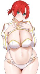 Rule 34 | 1girl, absurdres, arind yudha, ass, bikini, blush, boudica (fate), breasts, cleavage, earrings, fate/grand order, fate (series), green eyes, highres, jewelry, large breasts, long sleeves, looking at viewer, looking back, navel, o-ring, red hair, short hair, short ponytail, shrug (clothing), smile, solo, swimsuit, thighs, white bikini