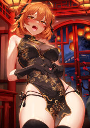 1girl absurdres ahoge bare_shoulders black_dress black_gloves black_panties black_thighhighs blush breasts china_dress chinese_clothes covered_navel double_bun dress fate/grand_order fate_(series) fujimaru_ritsuka_(female) gloves gold_trim hair_bun heart heart_hands highres hip_dips large_breasts looking_at_viewer m-da_s-tarou one_side_up open_mouth orange_eyes orange_hair panties partially_visible_vulva pelvic_curtain short_dress short_hair side-tie_panties smile solo thighhighs tongue underwear wedgie