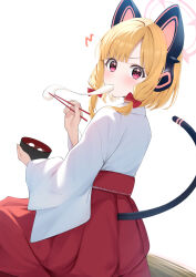Rule 34 | 1girl, absurdres, animal ear headphones, animal ears, blonde hair, blue archive, blush, bow, bowl, cat tail, chopsticks, eating, fake animal ears, fingernails, food, hair bow, hakama, halo, headphones, highres, holding, holding bowl, holding chopsticks, japanese clothes, long sleeves, looking at viewer, miko, mochi, mochi trail, momoi (blue archive), pink halo, red bow, red eyes, red hakama, rei (ilust9999), shiruko (food), short hair, solo, tail, wide sleeves