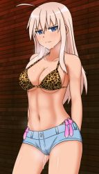 Rule 34 | 1girl, abs, angry, animal print, bikini, blonde hair, blue eyes, blush, breasts, condom, condom belt, cum, facial, frown, groin, hachimitsu-b, hanna-justina marseille, large breasts, leopard print, navel, short shorts, shorts, solo, strike witches, swimsuit, toned, used condom, world witches series