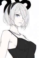 Rule 34 | 1girl, 2b (nier:automata), alternate costume, armpit crease, bare shoulders, black camisole, black hairband, blue eyes, bob cut, breasts, camisole, character name, commentary request, d.k, hair over one eye, hairband, jewelry, lips, medium breasts, mole, mole under mouth, necklace, nier:automata, nier (series), one eye closed, short hair, simple background, solo, spot color, white background, white hair