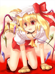 Rule 34 | 1girl, all fours, animal ears, animal hands, blonde hair, collar, dacho, dog tail, embodiment of scarlet devil, female focus, flandre scarlet, full body, gloves, hat, kemonomimi mode, leash, paw gloves, ponytail, red eyes, short hair, side ponytail, solo, tail, touhou, wings