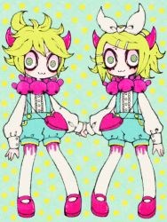 Rule 34 | 1boy, 1girl, :3, a03bi9, blonde hair, brother and sister, crazy eyes, hair ornament, hair ribbon, hairclip, holding hands, hetero, horns, kagamine len, kagamine rin, matching outfits, ribbon, siblings, twins, vocaloid