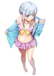 Rule 34 | 10s, 1girl, alternate hairstyle, asymmetrical hair, bikini, bikini top only, blue eyes, blush, bow, bow bikini, breasts, cleavage, collarbone, eromanga sensei, flower, frilled bikini, frills, front-tie bikini top, front-tie top, full body, hair flower, hair ornament, halterneck, izumi sagiri, looking at viewer, medium breasts, navel, off shoulder, open clothes, open mouth, parted lips, ponytail, rixch, side ponytail, silver hair, solo, stomach, swimsuit