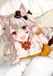 Rule 34 | absurdres, animal ears, azur lane, breasts, claw pose, cleavage, dog ears, dog girl, dog tail, fang, halloween, hat, highres, red eyes, sabamiso (tomomon021831), tail, yuudachi (azur lane)