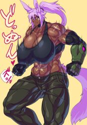 1girl abs absurdres animal_ears black_tank_top bouncing_breasts breasts cigarette dantera_rina dark_skin detached_sleeves facial_mark heart highres huge_breasts hutago motion_blur motion_lines muscular muscular_female original ponytail purple_hair rabbit_ears rabbit_tail red_eyes scar scar_on_shoulder scar_on_stomach solo speech_bubble tail tank_top yellow_background